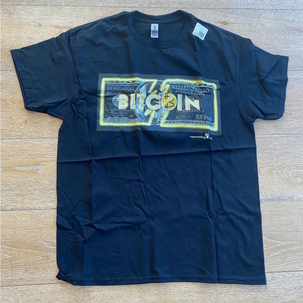 Bitcoin themed black t shirt mens or unisex size large